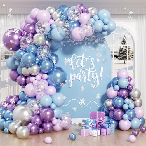 Frozen Balloon Arch with Metallic Purple Pastel Blue Metallic Silver Snowflake Balloons for Baby Shower Birthday Party Decorations