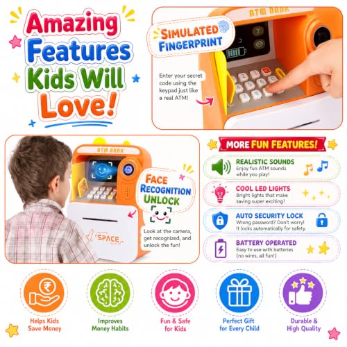 Image of Magicwand FACE Recognition Musical Money Safe Kids Piggy Savings Bank with Personal ATM Card【Pack of 1】【Orange】