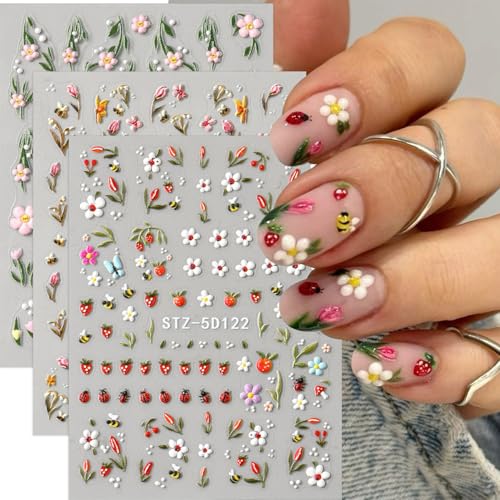 Summer Nail Stickers 5D Embossed Ladybug Bee Strawberry Flower Nail Decals 3PCS Self-Adhesive Spring Sticker For Nails Slider Manicure Accessories Cute Nail Art Supplies For Women DIY Nail Decorations