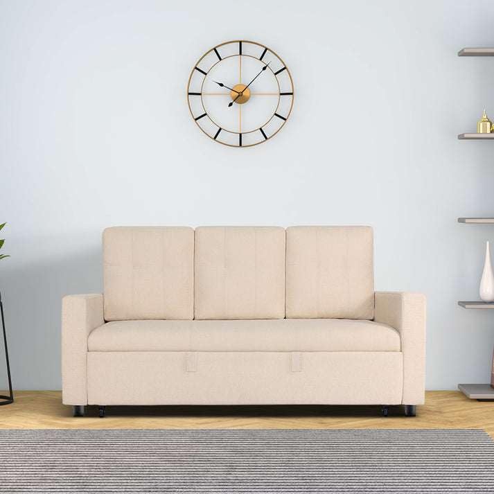 Image of Duroflex Ease - Wood 3 Seater Sofa Cum Bed with Pullout Mechanism, Iconic Beige Finish, 3-Person Sofa