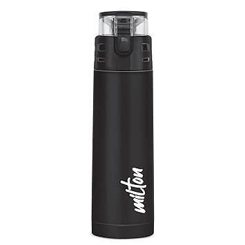 Milton Atlantis 600 Thermosteel Water Bottle 500 ml, 24 Hr Hot and Cold I Leak Proof Lid, ISI Certified I Vacuum Insulated I for Office, Gym, School I Black - image, photos