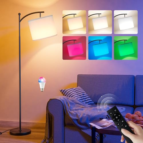 Image of Ambimall Floor Lamps with Smart Light Bulb, RGB + Color Temperatures Bright Dimmable Smart Floor lamp(White Shade & Black Pole)