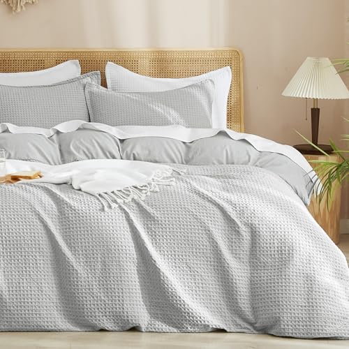 Image of PHF Waffle Weave Duvet Cover Set King Size, No Snagging Ultra Soft Luxury Textured Breathable Comforter Cover for All Season 3pcs, Durable Bedding Duvet Set with 2 Pillow Shams, 104 inchx90 inch, Light Grey