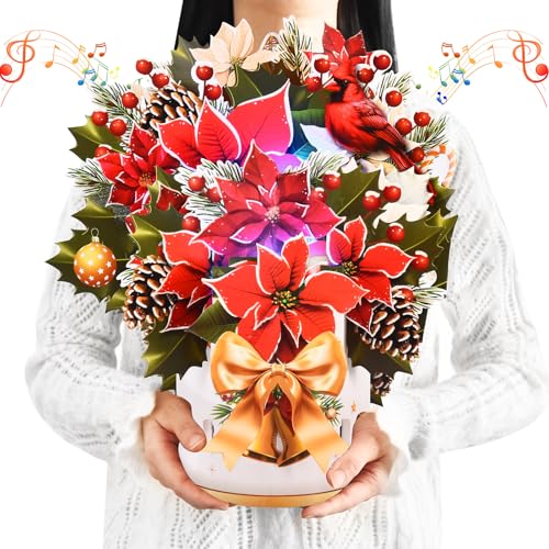 VIVIKEN Pop Up Christmas Cards with Lights and Music, 12 inch Paper 3D Poinsettia Bouquet Design, Musical Xmas Flower Popup Greeting Card with Note Card & Envelope for Christmas Holiday Decoration