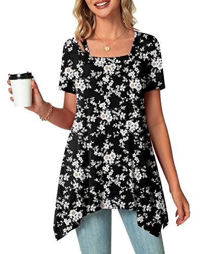 Popyoung Womens Summer Short Sleeve Square Neck Tunic Tops Casual Swing Blouse Shirt Xl, Fl Little Flower Black #TOP2
