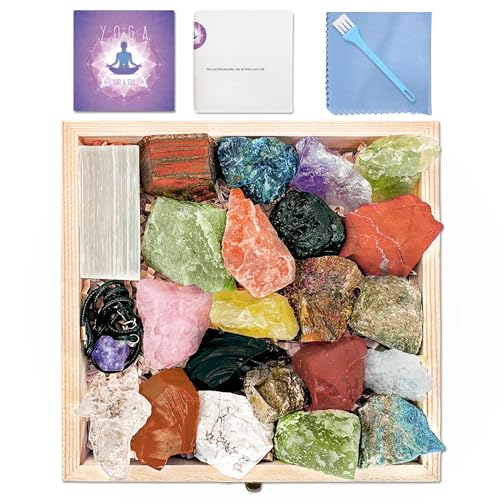 22pcs Real Crystals and Healing Stones with Crystal Neck, Energy Crystals for Beginners Meditation Yoga, Crystals for Beginners with Guide, Wooden Gift Set 7 Chakras Energy Crystals