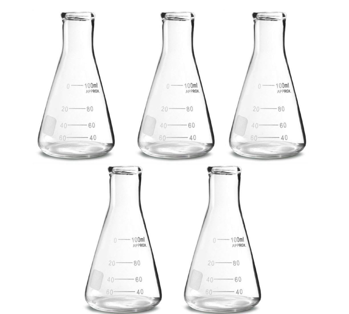 Conical Flask, Graduated Erlenmeyer, Narrow Mouth Glass Flask, Borosilicate Glass, Ideal for Chemistry lab Experiments, Home and School Science Experiments Glassware AV MED (5, 100ml) 5 100ml