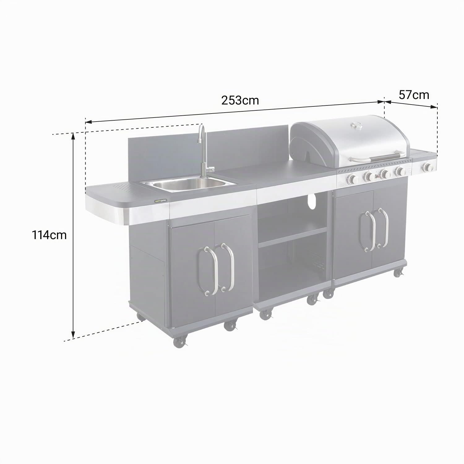 Cook'in Garden Cocina modular de exterior FIDGI 4 – Barbacoa de gas con 4 quemadores con termómetro, mueble de cocina y fregadero