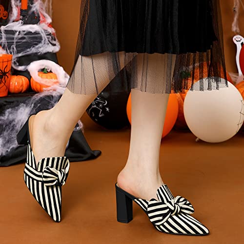 Allegra K Allegra K Women's Stripe Bow Pointed Toe Block Heel Slides Black Mules 9 M US