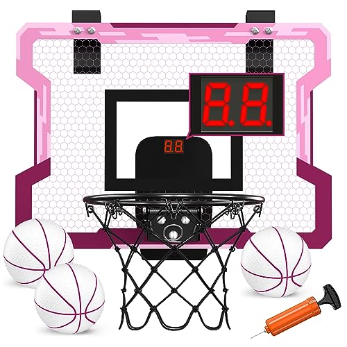 HYES Mini Panier de Basket pour Enfants Intérieur, Panier Basketball pour Porte Mural avec 3 Ballons, Filet, Backboard et Pompe à Air, Mini Hoop pour Adultes Cadeaux Garçons Filles, Couleur Rose
