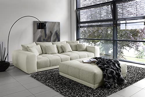 Big Sofa XXL B306/T134/H86 cm, Lounge Couch mit hochwertiger Federkernpolsterung, viele Kissen, Liegefläche 120x240 cm, Korpus Kunstleder Weiß und Bezug Strukturstoff Grau Beige / 15113