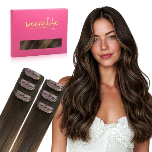 WENNALIFE Balayage Dark Brown Mixed Chestnut Brown Clip in Hair Extensions Real Human Hair 35g 6pcs 16Inch Colored Hair Extensions for Kids Women Colorful Hair Pieces Pop-up Style Straight Extensiones