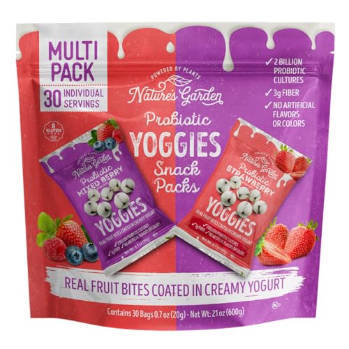 Nature’s Garden Probiotic Yoggies Multi Pack, 21oz (Strawberry Yoggies 15×0.7 oz +Mixed Berry Yoggies 15×0.7 oz), Strawberry and Mixed Berry Yogurt Covered Snack, High Fiber, Real Fruit Pieces, No Artificial Ingredients, Healthy Snack for Adults
