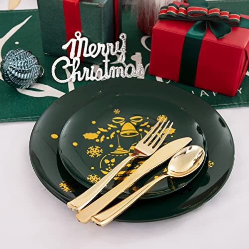 Bucla 125Pcs Christmas Plates - Green Plastic Plates With Gold Silverware - Gold Disposable Plates With Christmas Bells And Colored Balls Ideal For 25 Guests #TOP3
