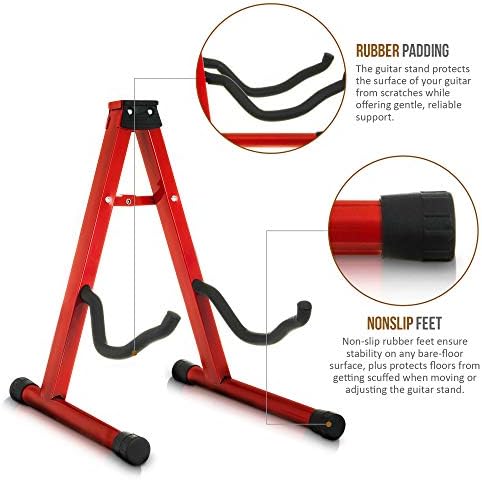 LIVIVO Folding Universal A-Frame Foldable Floor Guitar Stand Acoustic Electric Stand With Cradle Hooks And Back Rest -Red