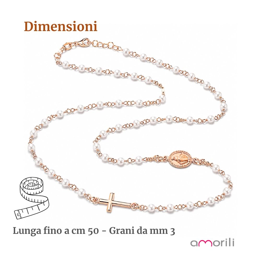 Collana Rosario Donna in Argento 925 Ramato Girocollo con Grani di Perle – Simbolo Cattolico Cristiano di Fede Religioso – Collana Elegante Idea Regalo cll2142