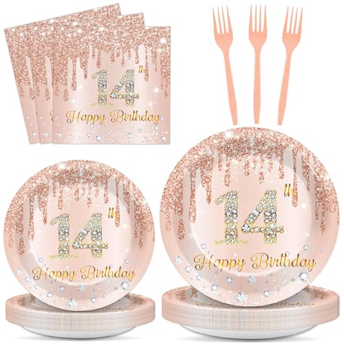 96 Pcs Rose Gold 14th Birthday Party Plates and Napkins for Girls Rose Gold Party Supplies Pink Happy 14 Years Birthday Party Tableware Set for 24 Guests Party Decorations