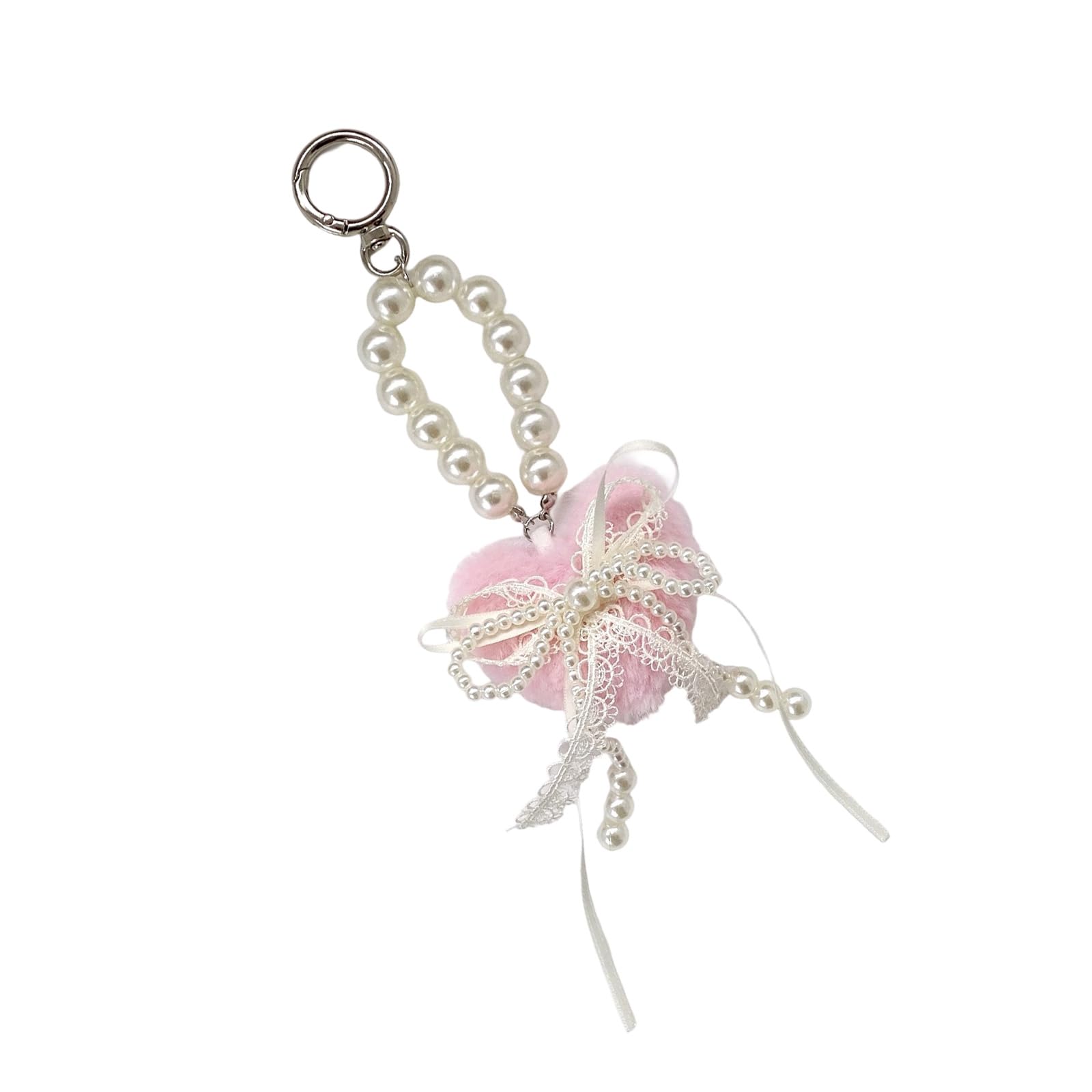 RGYBAO Lovely Heart Shaped Plush Keychain with Lace Pearls Detail, Decorative Bowknot Bag Charm for Women Girls