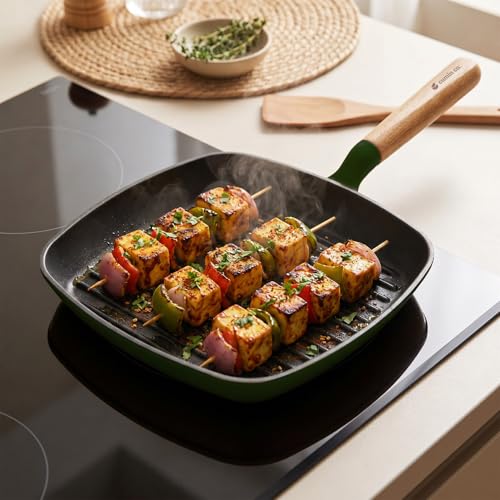 Image of CUMIN CO. Cast Iron Grill Pan | 24 cm, 1.2L | Induction Base Cookware | 10 Year Warranty | Non Toxic Non Stick Pan for Kebab and Tikkas | Chemical Free Coating | Grill Safe | Green