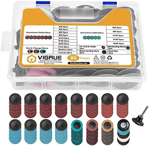 VIGRUE 80Pcs Sanding Discs Set, 2 Inches Quick Change Discs with 1/4 inch Holder, Surface Conditioning Discs for Die Grinder Surface Prep Grind Polish Burr Rust Paint Removal with Container