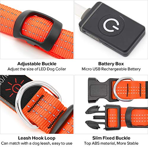 Reflective Light Up Dog Collar - Usb Rechargeable Glowing Pet Safety Collar, Adjustable Led Dog Collar Make Your Dogs Safe& Seen In The Dark (Orange-3 Reflective Strip, Large) #TOP4