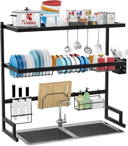 Image of 3 Tier Adjustable Height Kitchen Dish Rack over Sink for Double Sink, Black Dish Drying Rack MS Steel Display, Rust Proof