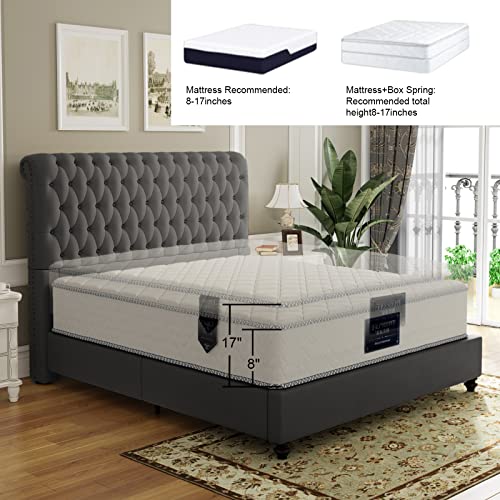 Jocisland King Bed Frame Upholstered Bed Sleigh Headboard Velvet Tufted Diamond Button/No Box Spring Needed/Easy Assembly/Gray #TOP5
