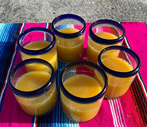 Hand Blown Mexican Drinking Glasses - Set Of 6 Tumbler Glasses With Cobalt Blue Rims (10 Oz Each) #TOP4