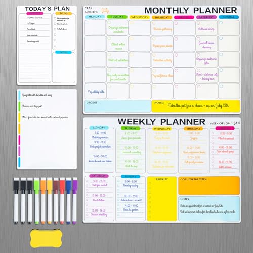 4 Pack Dry Erase Calendar for Fridge, 16.5 x 12 Monthly & Weekly & Daily Chore Chart, Planning Whiteboard with 10 Markers and Eraser, Use for Refrigerator Wall Door- Shopping, Meal/Menu, to Do List