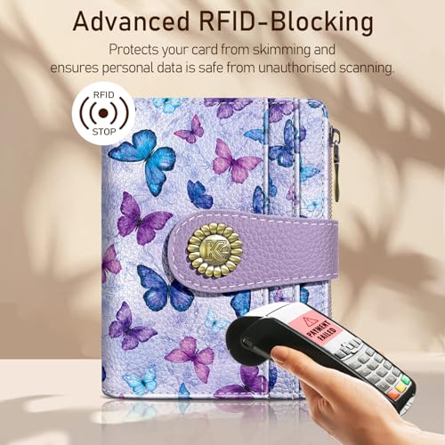 Image of Kelvoris Small Rfid Butterfly Women Wallet Bifold Zipper Coin Pocket | PU Leather Compact Cash Credit Card Holder Travel Purse for Female Ladies Teen Girls 1 ID Window 10 Card Slots