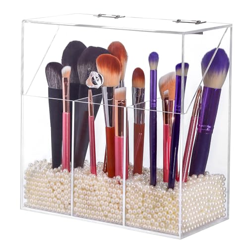 LOHRYVIO Acrylic Makeup Brush Holder with Lid - Clear Cosmetic Make up Brush Organizer and Storage Box with Dustproof Cover for Vanity - Large Capacity 3-Slots Container for Brushes (White)