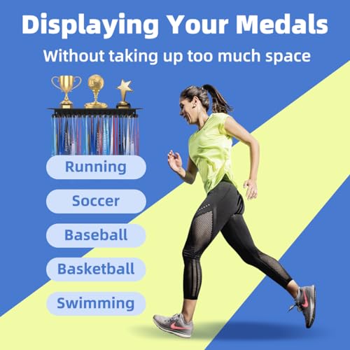 Dafftos Medal Shelf Hanger Trophy Ribbon Holder Display Medals Wall Metal Rack Organizer Hanging Frame Awards Softball Runner Race Custom Hold 90 Medals Easy to Install 13 Inch Black