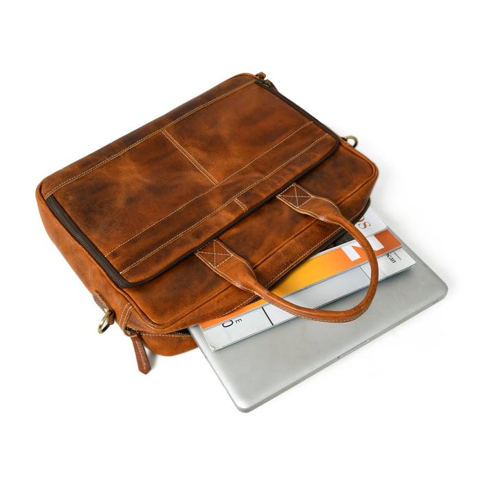 Image of MaheTri Unisex Bison Elite Leather Laptop Bag /Briefcase (16 inch) - Brown | Adjustable Shoulder Strap & Padded Handle | Vintage Crossbody & Shoulder Office Laptop Briefcase