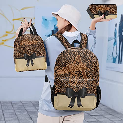 Customized Leopard Print Brown Bow Backpacks Set with Name Multifunctional Series Pack 1Casual Pack +1Lunch Handbag +1Pencil Case2