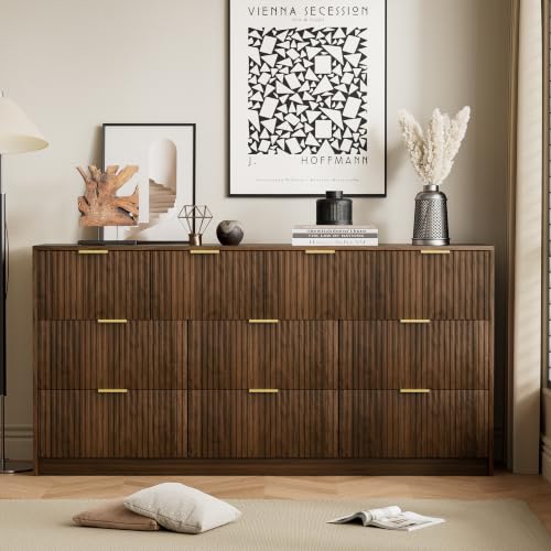 Image of Furniway Walnut 10 Drawer Dresser for Bedroom, 63 inch Wide Fluted Wood Dresser
