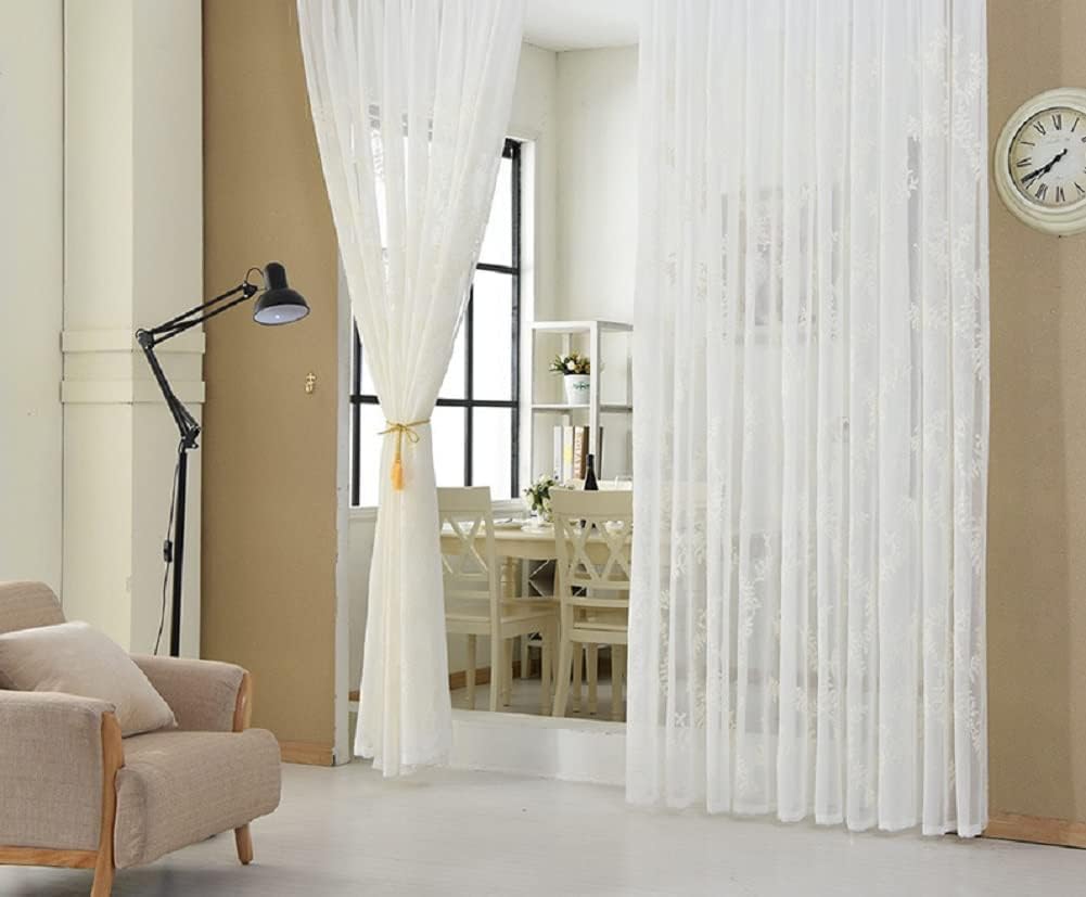 Modern Simple Style Pine Pattern Embroidered Semi Shading Sheer Curtains for Living Kids Nursery Room Bedroom(1 Panel, W 100 x L 84 inch, White)