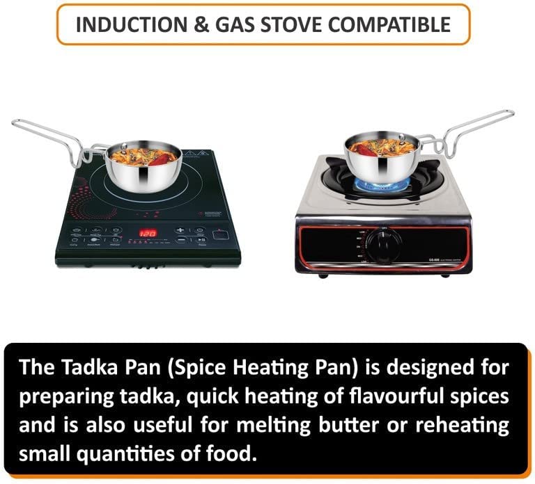 Image of Prabha Tadka Pan Stainless Steel 10cm Tadka Pan 200ml Capacity | Small Tri-Ply Tadka Pans Induction Base | Home & Kitchen TadkaPan With Handle |Chowka Pan Cooking, Frying Dal /Spices Heavy Gauge-Silver