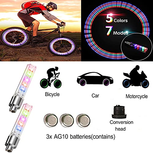 FICBOX 8pcs LED Bike Wheel Light Tyre Tire Valve Caps Neon Light with 5 lamp Beads 7 Modes Waterproof for Car Motorcycle Bicycle (Colourful) - Thumbnail 2