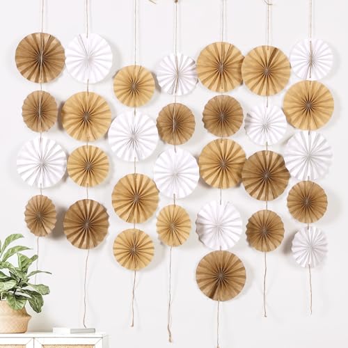 Image of Easy Joy Boho Hanging Paper Fans Neutral Rustic Paper Fans Garland White Brown Party Decorations for Boho Party Baby Shower Birthday Wedding Bridal Classroom Decor