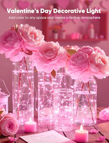 Image of Brightown Valentine's Day 12 Pack Pink Led Fairy Lights Battery Operated String Lights Waterproof Silver Wire 7 Feet 20 Led Firefly Starry Moon Lights for DIY Wedding Party Bedroom