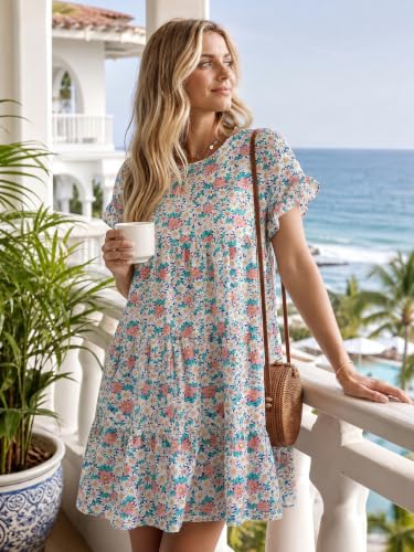 Image of Chuanqi Womens Ruffles Boho Floral Printed Babydoll Loose Swing Casual Short Mini T-Shirt Dress
