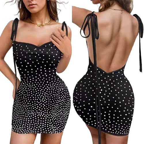 Image of PORRCEY Women's Sexy Elegant Rhinestone Mesh Party Club Night Mini Dress