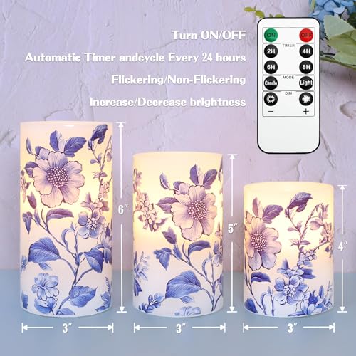 Image of Crystal Club Chinoiserie Decor Flameless Candles Blue and White Porcelain Floral Battery Operated LED Pillar Candles with Remote & Timer Real Wax Candles Floral Decor for Home Wedding Centerpiece