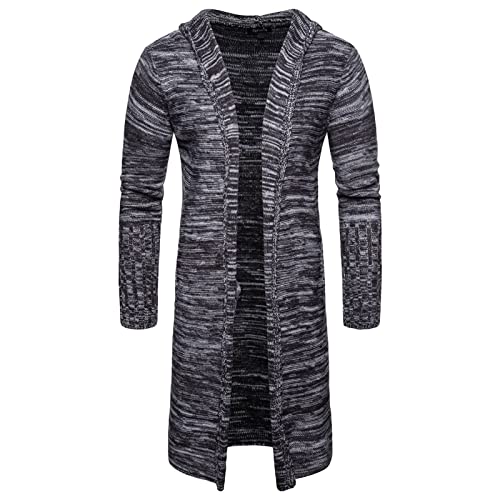 Men's Long Hooded Cardigan Open Front Drape Cape Overcoat Shawl Collar Lightweight Ribbed Knit Sweater With Pocket