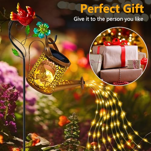 Solar Watering Can with Cascading Lights,Hanging Metal Solar Lanterns Outdoor Waterproof,Gardening Gifts for Women Mom,Cardinal Garden Decor for Outside Yard, Patio, Lawn, Pathway