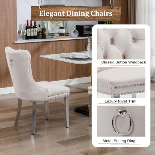 Image of 7-Piece Round Dining Table Set for 6, Modern Faux Marble Kitchen Table and Beige Velvet Chairs Set of 6, Luxury 45 inch Circle White Silver Dining Room Tables with Stainless Steel Base