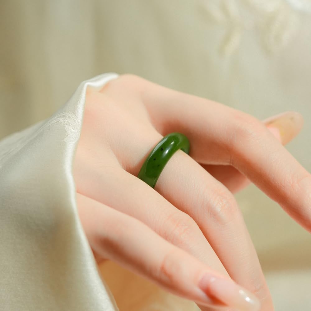 5-6mm 7-8mm Width Natural Hotan Jade Rings Good Luck Jewelry Natural Green Jade FengShui Ring for Women Men Unisex with Gift Box
