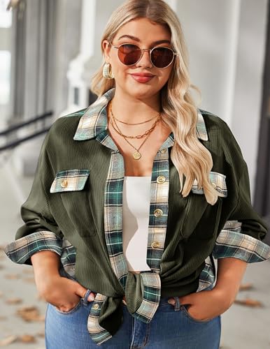 IN'VOLAND Womens Plus Size Corduroy Shacket Jacket Plaid Button Down Shirts Boyfriend Casual Long Sleeves Blouses Tops2