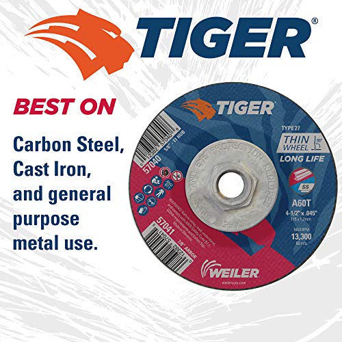 Image of Weiler 57040 4-1 /2 Inch Cutting Wheel, Tiger AO Steel /Metal Long Life Performance Cutting, .045 inch A60T Type 27 5 /8 inch-11 Hub, Pack of 10