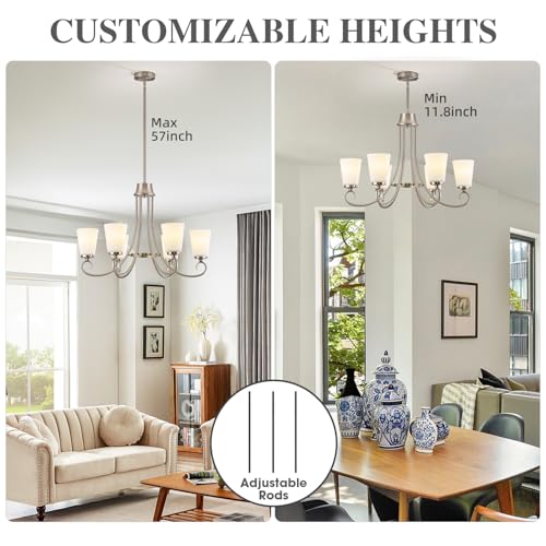 Image of Brushed Nickel Farmhouse Chandelier Rustic Dinner Room Chandelier with Frosted Milky White Glass Lampshade Silver Durable Metal Ceiling Hanging Light Fixture for Kitchen Island Living Room Over Table